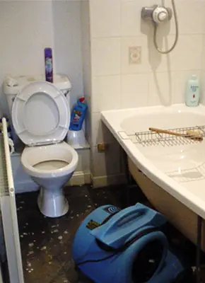 High-powered dryers used to remove moisture after sewage cleanup in a Victoria property
