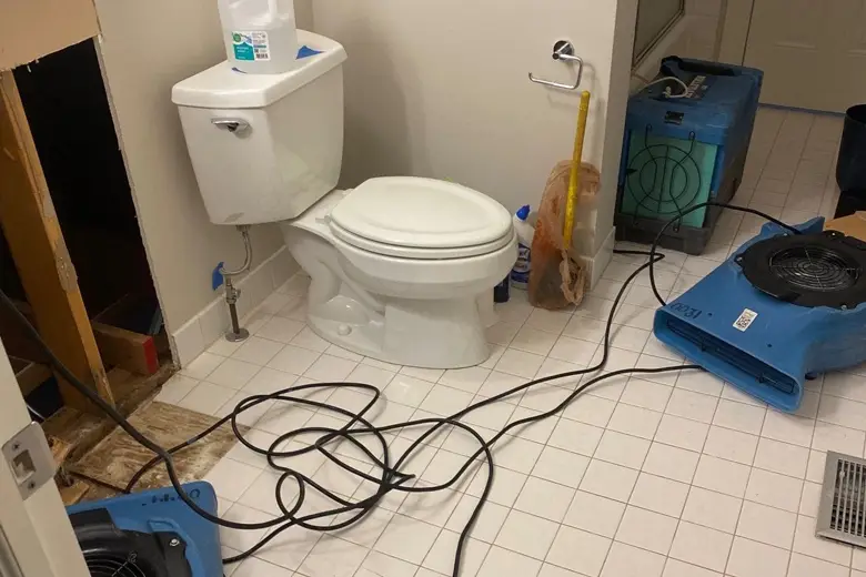 Technicians conducting final drying and clearance process after sewer cleanup in a Melbourne property