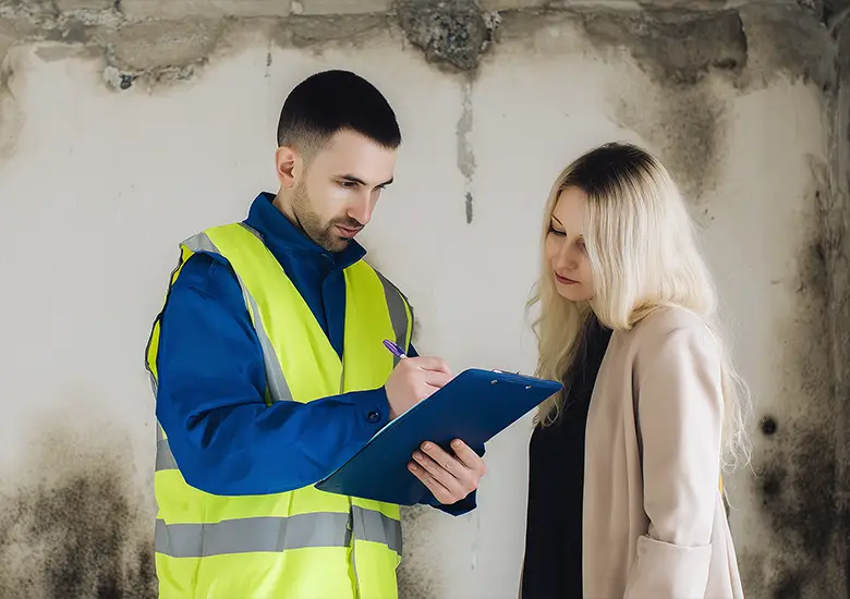 Technician performing final clearance inspection after mould remediation