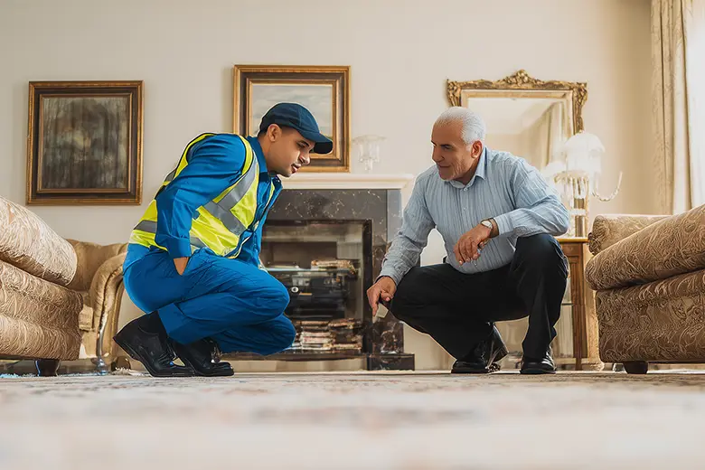 Technician conducting a final moisture check on a carpet after drying in a Melbourne home