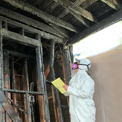 Inspector assessing fire damage inside a residential property in Melbourne