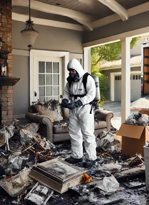 Cleanup crew removing debris and waste from a fire-damaged property