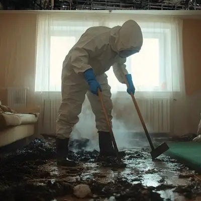 Cleanup team removing fire-damaged waste and debris from a property