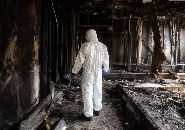 Inspector evaluating structural and safety conditions at a fire-damaged site