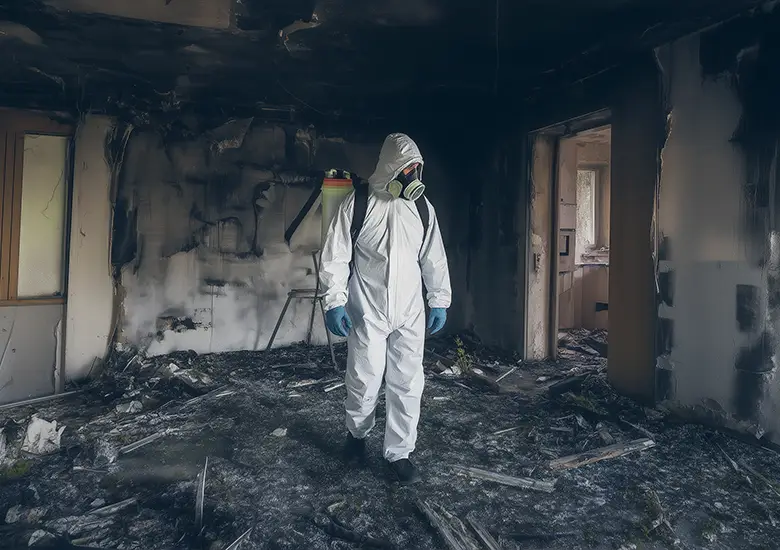 Inspector evaluating structural damage and safety hazards after a fire