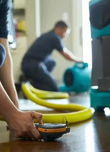Technician performing moisture mapping and setting up drying equipment in a Melbourne property