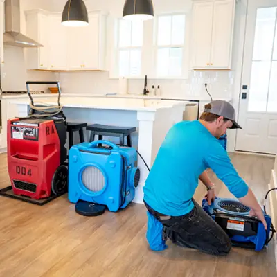 Restoration expert drying a flooded living room in a Melbourne home