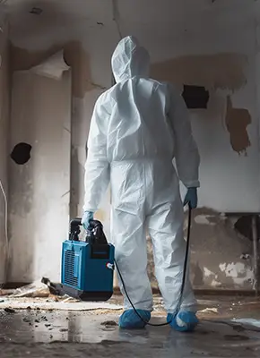 Technician setting up a dehumidifier to remove moisture in a fire-damaged property