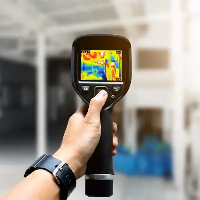 Technician using thermal imaging camera to detect hidden moisture in Melbourne property