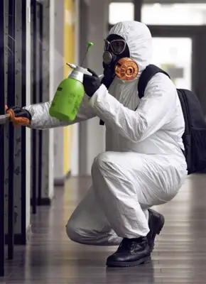 Technician applying commercial-grade air freshener to eliminate strong indoor odours