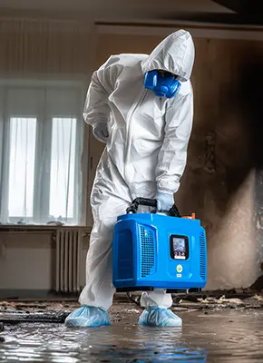 Restoration team addressing water damage in a fire-affected building