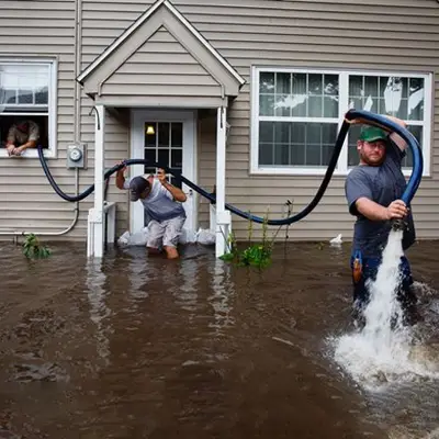 Flood response team extracting water from a damaged property in Melbourne after heavy flooding