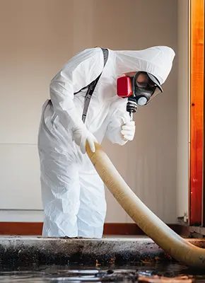 Technician extracting standing water from a fire-damaged building