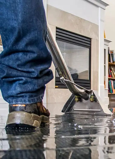 Technicians extracting water from a flooded room in a residential Melbourne property