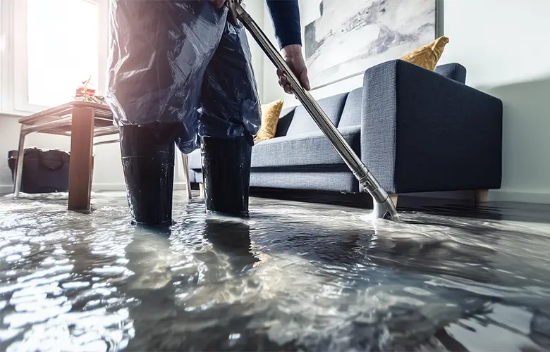 Technicians performing water extraction in a flooded living room of a Melbourne home