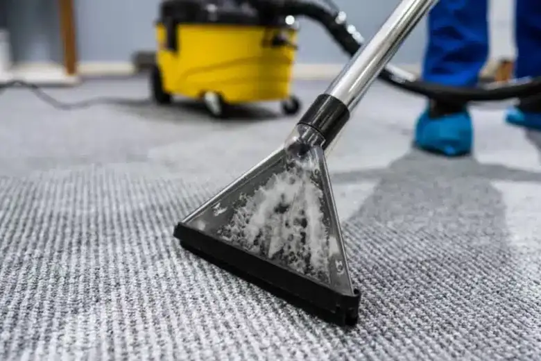 Professional cleaning a wet carpet with hot water extraction equipment in a Melbourne residence