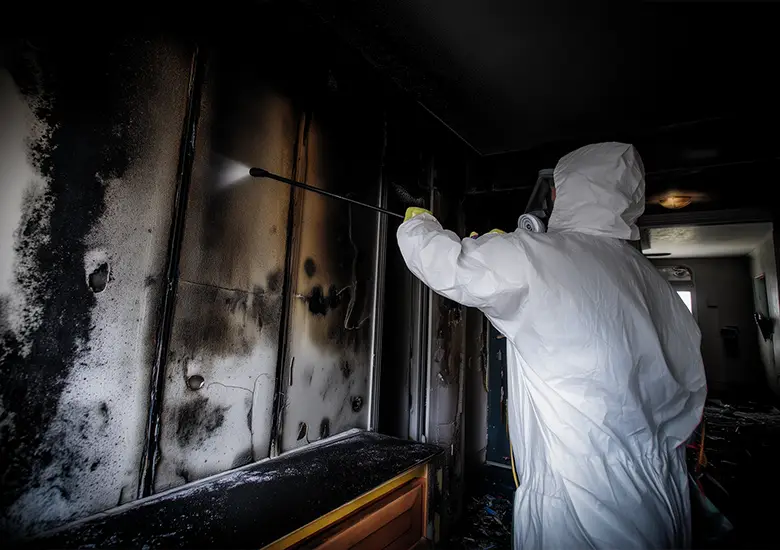 Technician performing wet cleaning and stain removal on fire-damaged surface in Melbourne