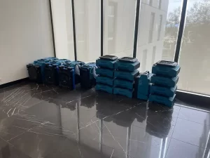 Air movers and dehumidifiers set up in a Melbourne property to dry out water damaged areas and control indoor humidity.