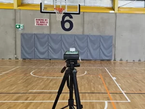 Air sampling equipment set up in the basketball court of a school in Melbourne to assess indoor air quality and detect potential mould.
