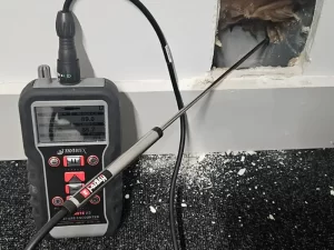 Technician using a moisture meter to check humidity levels inside a wall cavity in a Melbourne property.