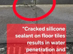 Close-up of cracked sealant between floor tiles, allowing water to seep through and cause hidden damage in a Melbourne property.