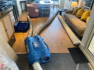 Dehumidifiers and drying equipment in use inside a water-damaged apartment during restoration by Victoria Hygiene in Melbourne.