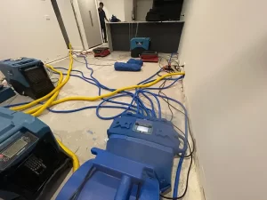 Specialized drying equipment in use at a water-damaged property in Melbourne, Victoria, during restoration by Victoria Hygiene.