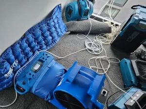 Emergency water damage restoration team in Melbourne responding to a flooded property with professional drying equipment.