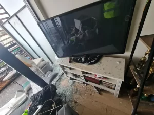 Water-damaged apartment in Melbourne showing visible signs of flooding and structural impact, awaiting restoration by Victoria Hygiene.