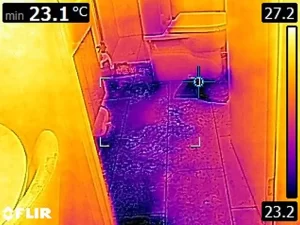 FLIR thermal scan showing moisture spread across a flooded bathroom floor, captured during an emergency inspection by Victoria Hygiene in Melbourne