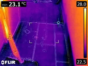 Thermal imaging scan detecting moisture in a wooden floor, performed by Victoria Hygiene’s certified technicians in Melbourne.