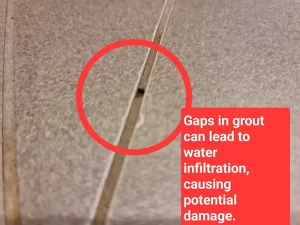 Close-up view of a gap in tile grout that can allow water to seep through, leading to hidden damage in a Melbourne property.