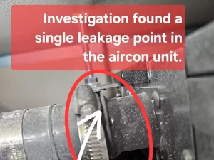 Visible water leak detected in an air conditioner unit during inspection in a Melbourne property.