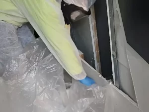 Technician in a hazard suit sealing off an affected area in a Melbourne property before beginning mould remediation.