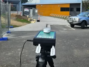 Air sampling equipment set up outside a Melbourne property to assess ambient air quality.