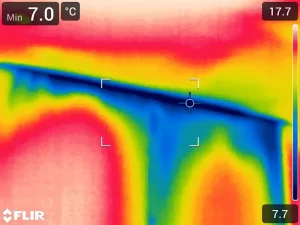 Thermal imaging scan identifying a hidden water leak within a wall of a Melbourne property.
