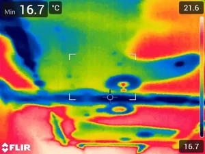 Thermal imaging scan showing residual dampness in a ceiling after fire suppression in a Melbourne property.