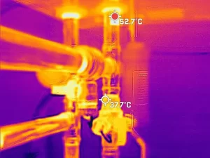 Thermal imaging scan revealing a water damaged area with elevated moisture levels inside a Melbourne property.