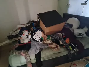 Water damaged and damp building materials inside a flooded apartment in Melbourne awaiting removal and restoration.