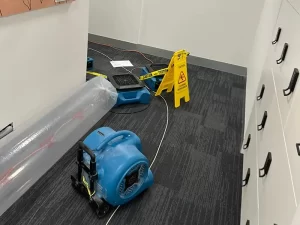 Wet carpet being dried using professional equipment after a water leak in a Melbourne property.